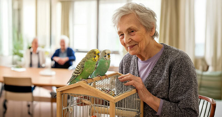 Seniorin im Altersheim mit zwei Wellensittichen auf einem Vogelkäfig.