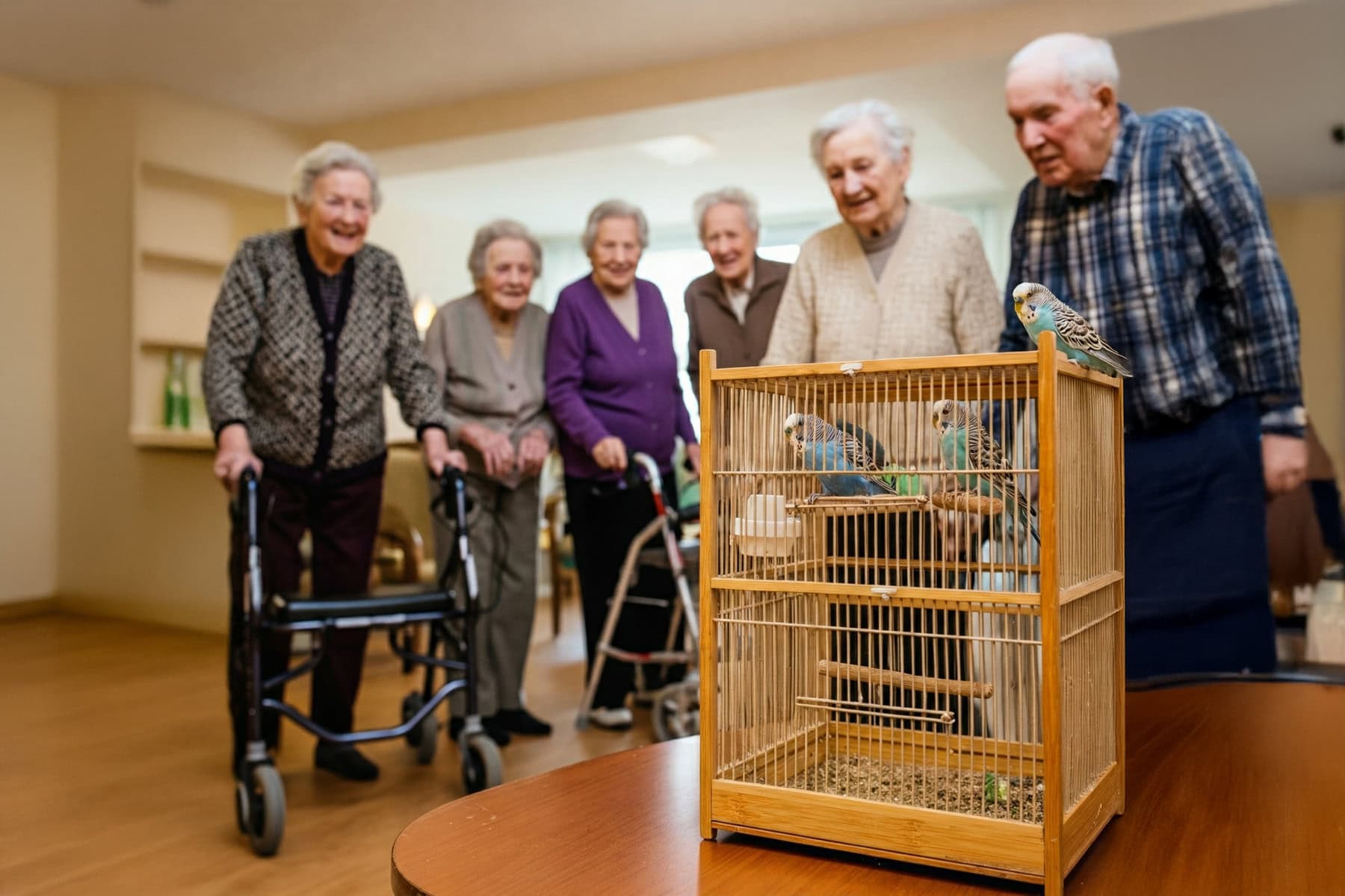 Senioren im Altenheim beobachten Wellensittiche in einem Käfig. Dieses Bild zeigt die positive Wirkung von Haustieren auf ältere Menschen in einem Pflegeheim.