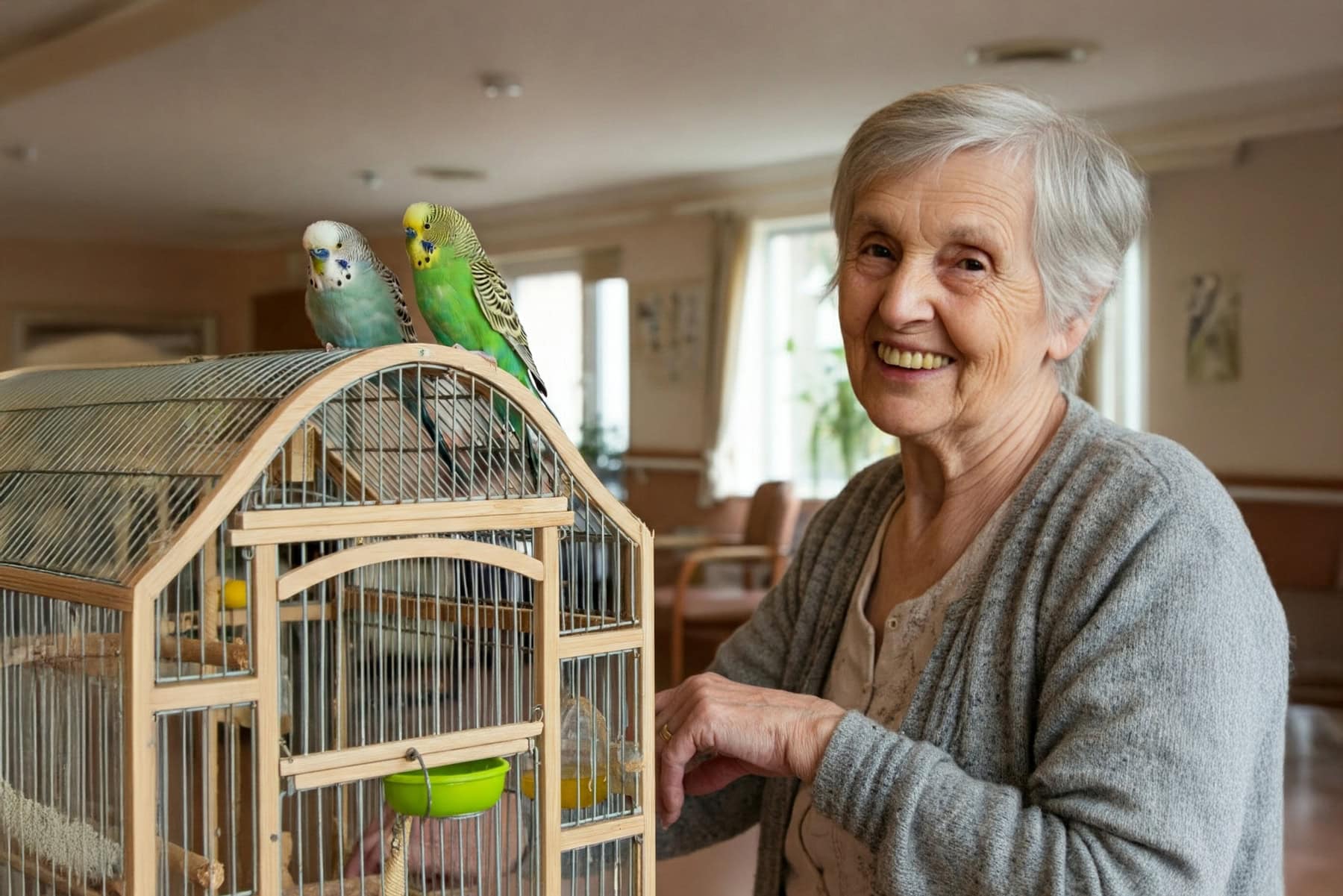 Eine ältere Frau sitzt neben einem Vogelkäfig, auf dem zwei Wellensittiche sitzen. Dieses Bild zeigt die beruhigende und therapeutische Wirkung von Wellensittichen auf Senioren im Altersheim.