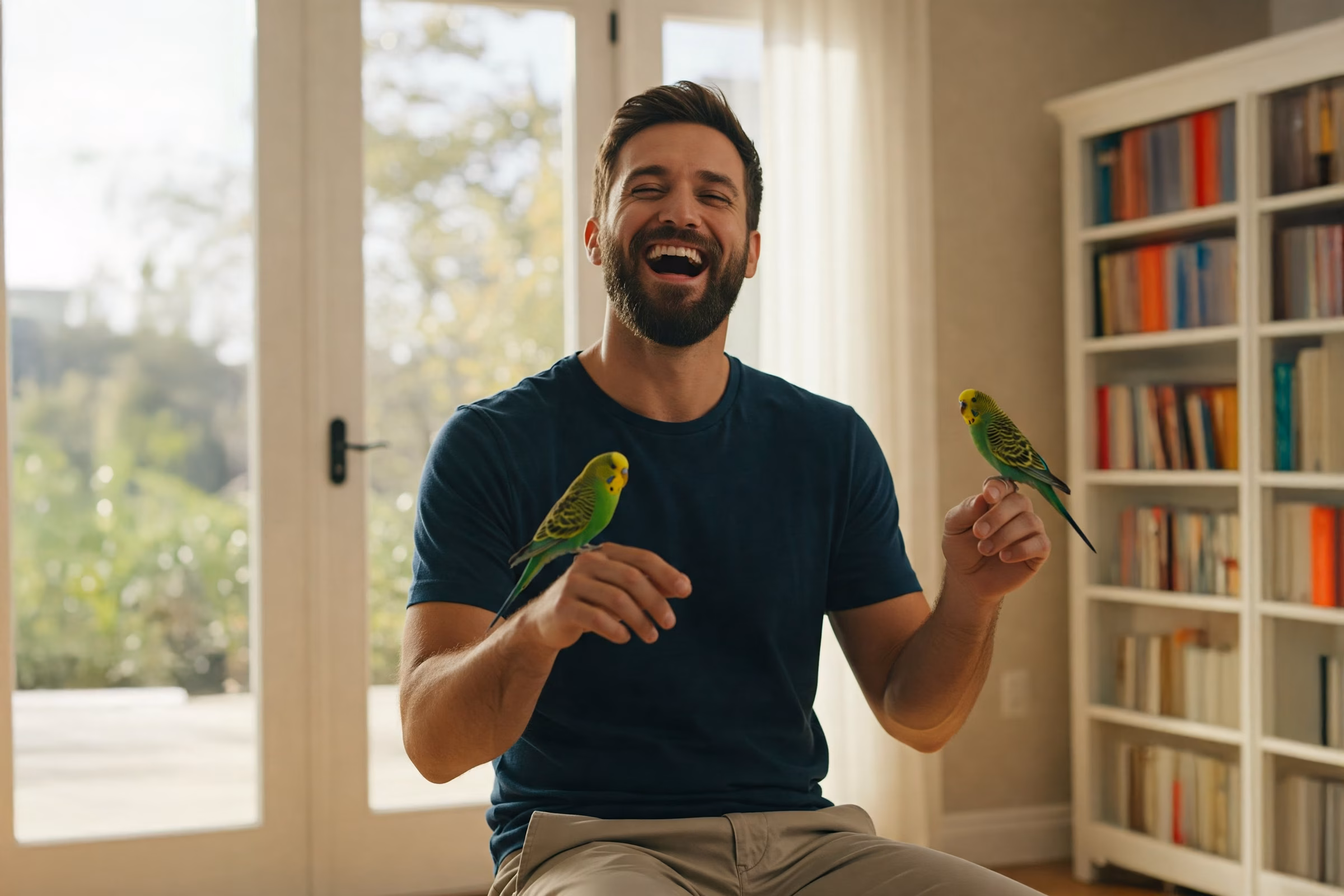 Glücklicher Mann mit seinen Haustieren heimtiere machen gluecklich