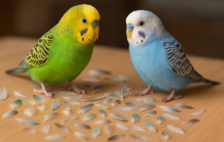 Federkleid vom Wellensittich: Aufbau, Farben, Mauser & Erkrankungen 11 Zwei Wellensittiche sitzen auf einem Holztisch, umgeben von bunten, verstreuten Federn – Detailaufnahme des Gefieders
