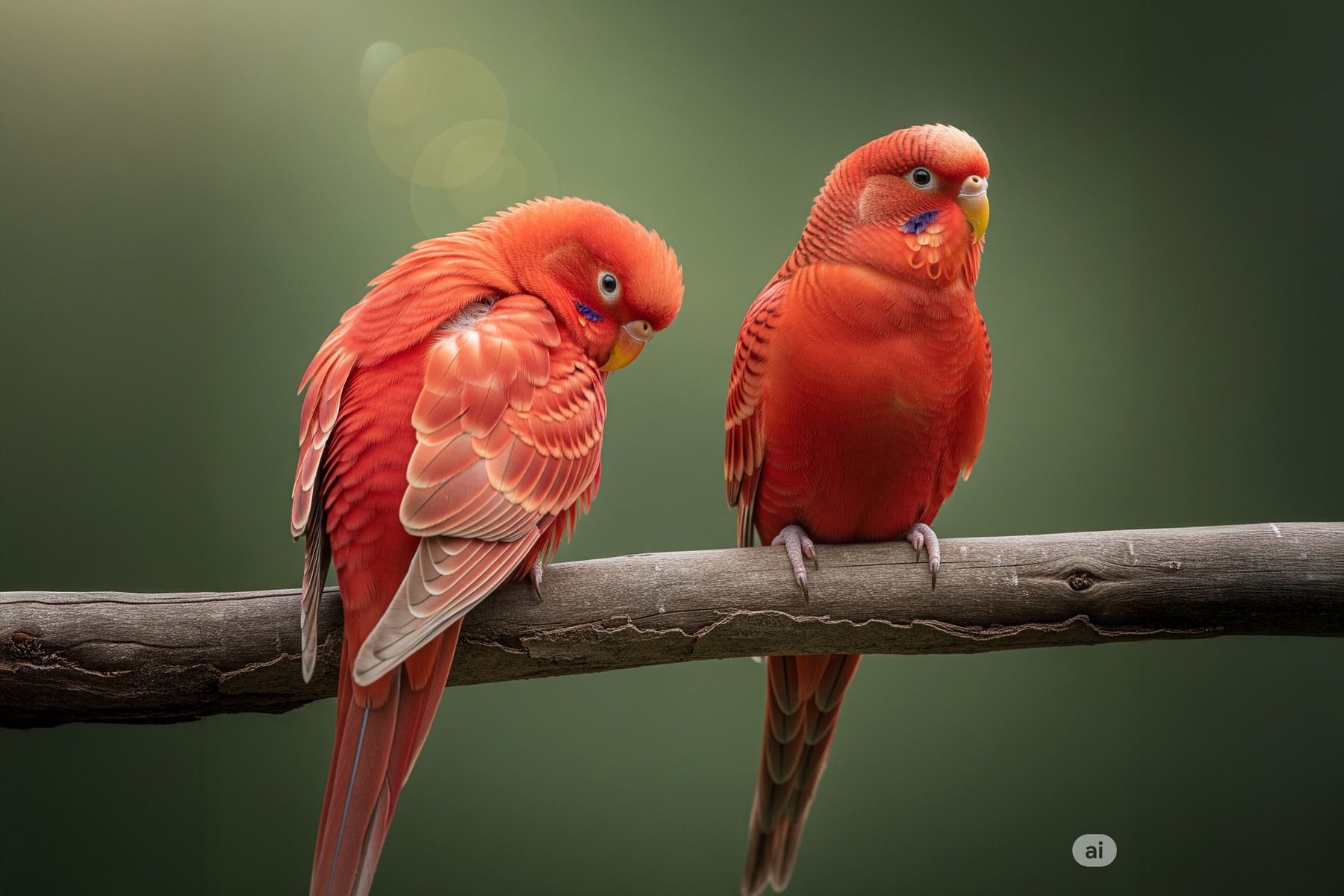 Zwei auffallend rote Vögel auf einem Ast – keine echten Wellensittiche, sondern eine künstlerische Darstellung