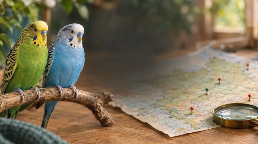 Zwei Wellensittiche neben einer Landkarte mit Lupe
