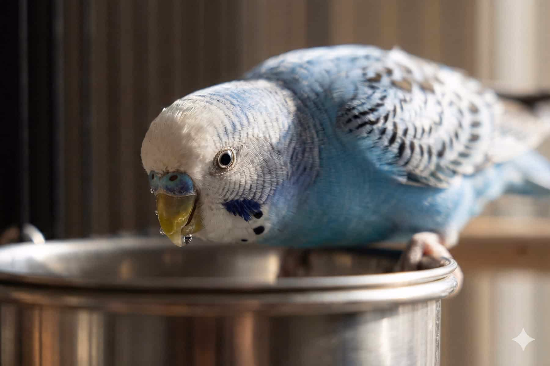 Wellensittich trinkt aus einem Edelstahl-Trinknapf im Käfig.