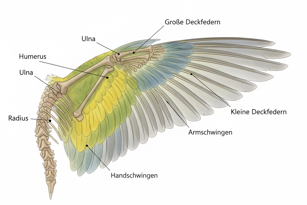 Skelett vom Wellensittich: Anatomie, Leichtbau & Flugfunktionen 3 Anatomie des Wellensittich-Flügels mit Handschwingen, Armschwingen und Deckfedern
