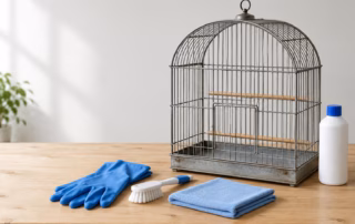 Desinfektionsmittel in der Vogelhaltung: Mittel, Anwendung & Gefahren 4 Leerer Vogelkäfig mit Handschuhen, Bürste, Reinigungstuch und verschlossener weißer Flasche auf einem Holztisch.
