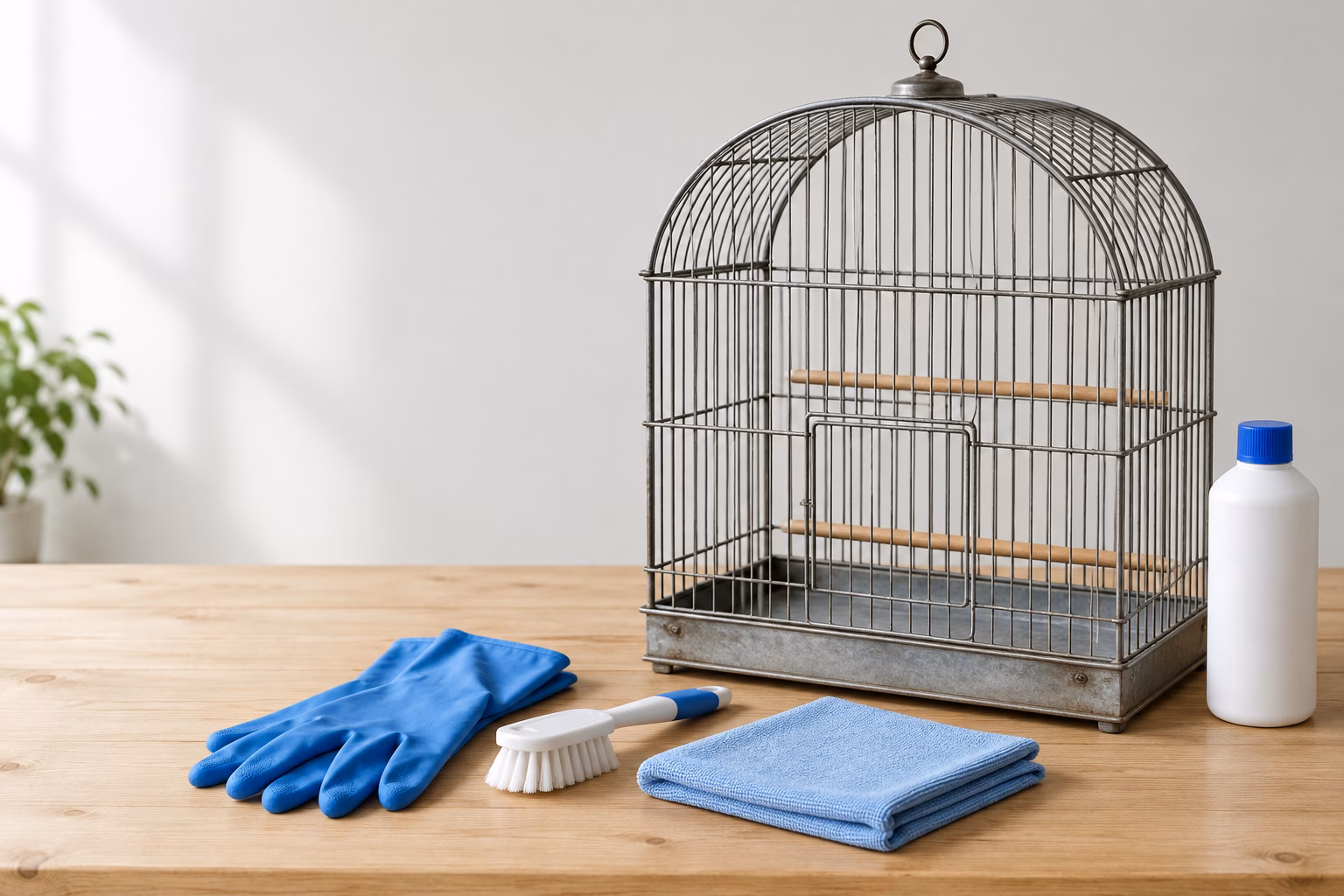 Desinfektionsmittel in der Vogelhaltung – Käfighygiene Leerer Vogelkäfig mit Handschuhen, Bürste, Reinigungstuch und verschlossener weißer Flasche auf einem Holztisch.